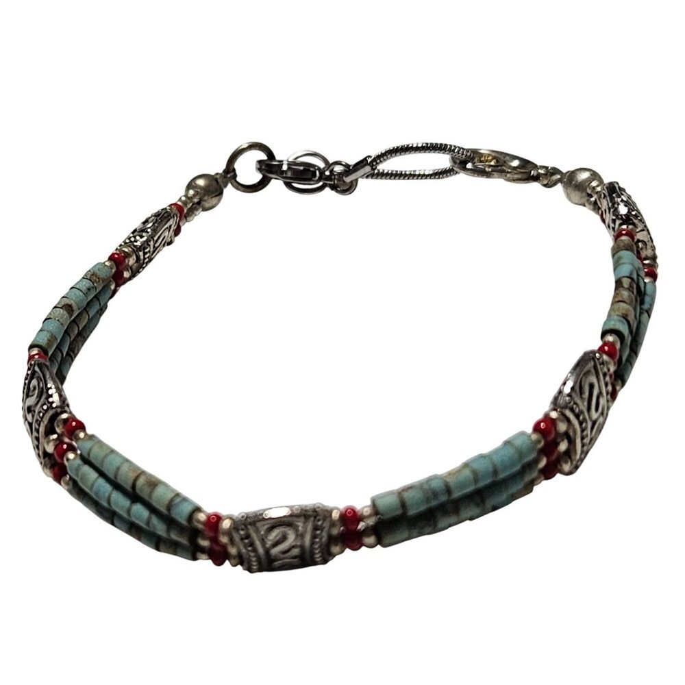 Bohemian Southwest Blue Red Beaded Bracelet Silver Tone Accents Fashion Jewelry